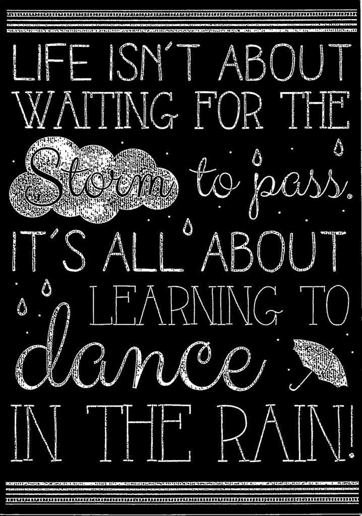 LIFE IS ABOUT LEARNING TO DANCE IN RAIN from Blackboard Collection. General Birthday greeting card. Retail $2.99  Inside: BLANK | 6906 | 255393