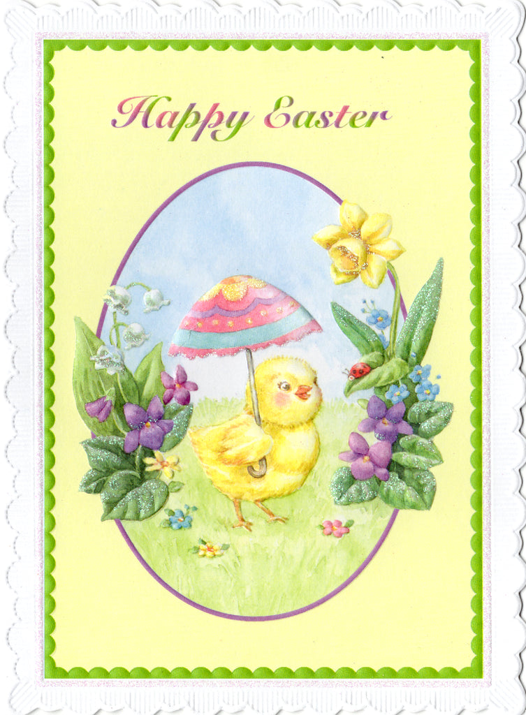 Chick with umbrella- Carol Wilson Fine Arts Easter religious greeting card. Retail $4.25. Inside: Warmest wishes... | CRGE07821 | 255409