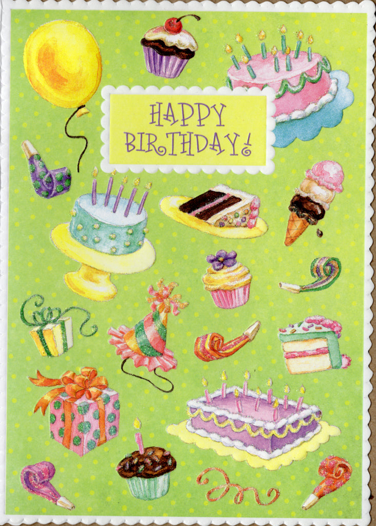 Iconic birthday images celebrate embossed die-cut greeting card by Carol Wilson. Inside: May all your birthday wishes come true. Retail $4.25  | CRG1624 | 255421