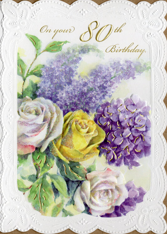 80th birthday card featuring lilacs and roses by Carol Wilson. Inside: Thinking of you with love on this special day. Happy 80th birthday. Retail $4.25  | CRG6014 | 255422