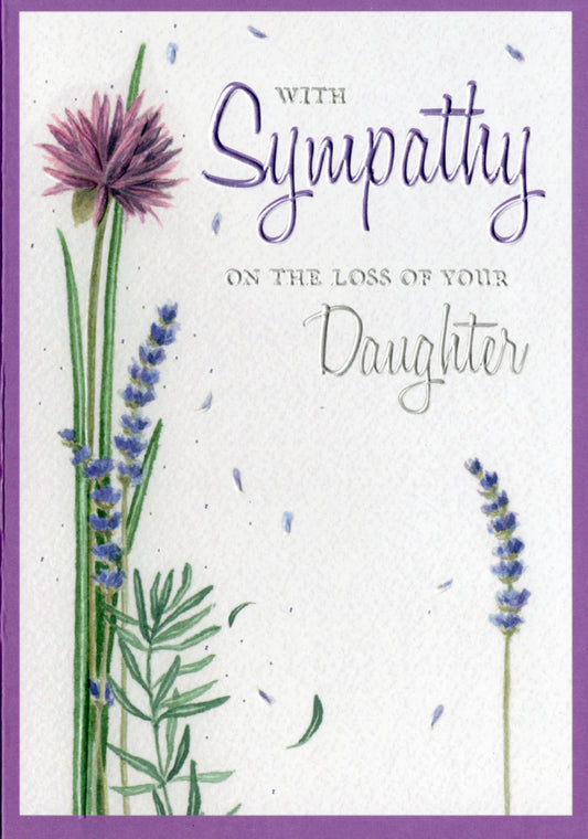 Lavender sprigs- Sympathy loss of daughter greeting card. Retail $3.99.  Inside: May your cherished memories bring you moments of comfort... | 8096 | 255464