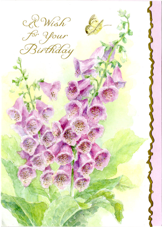 Purple fox gloves in a garden embossed die cut general birthday greeting card by Carol Wilson. Inside: All good things for you today and always. Retail $4.25.  | CRG5017 | 255470