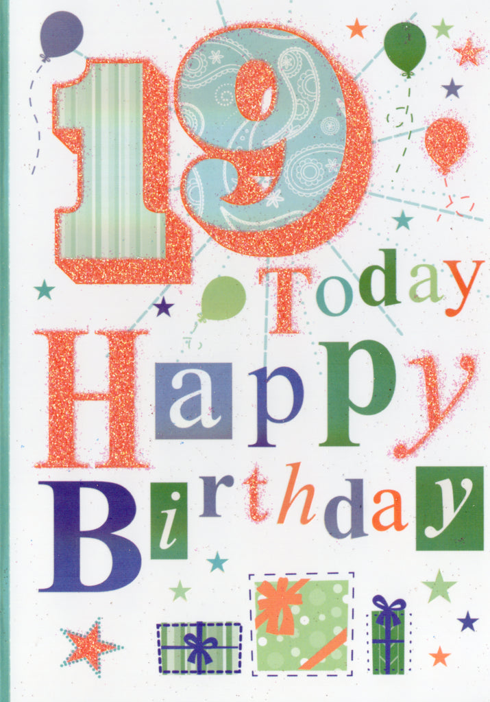 Colorful- 19th age general birthday card. Retail $3.49. Inside: Wishing you happiness and cheer for this and every coming year... | 8715 | 255500