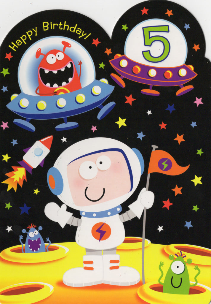 Space Astronaut- 5th age boy birthday card. Retail $2.99. Inside: Hope your birthday is OUT OF THIS WORLD! | 5175 | 255518