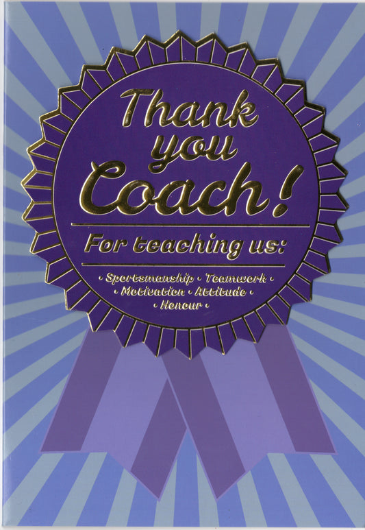 Blue ribbon- Thank you coach greeting card. Retail $3.99.  Inside: Your inspiration and support has meant so much this season | 8088 | 255549