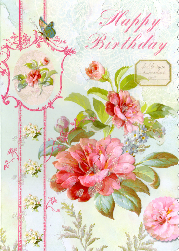 Red and pink camellia's on a light green background embossed die cut general birthday greeting card by Carol Wilson. Inside: May the good things in life fill your birthday and every day! Retail $4.25  | CRGN4010 | 255553