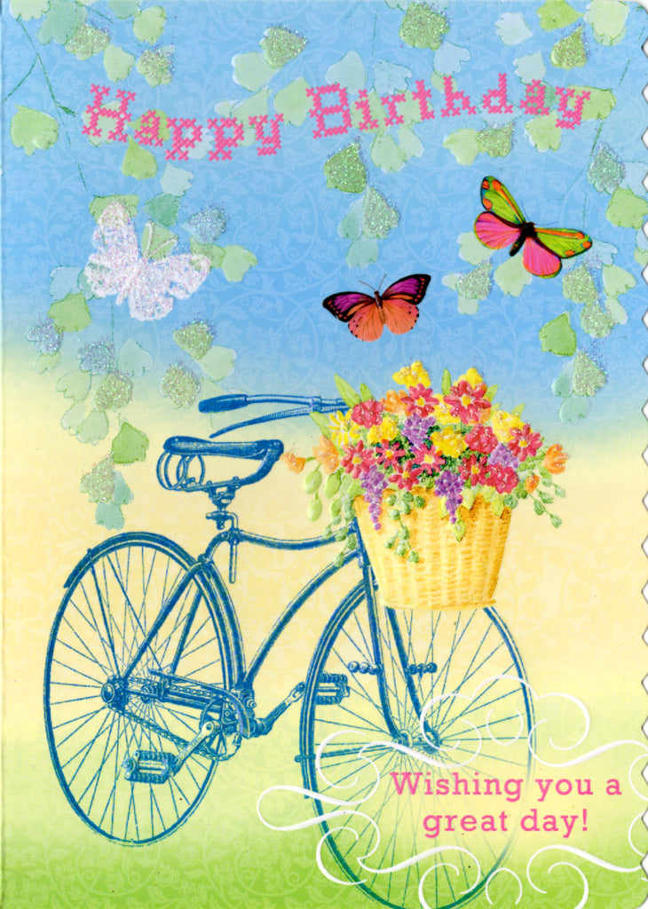 Blue bicycle and Butterfly embossed die cut general birthday greeting card by Carol Wilson Inside: You bring happiness with you wherever you go! Retail $4.25  | CRGN4036 | 255554