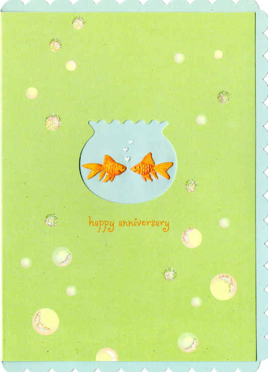 Kissing goldfish embossed die cut anniversary greeting card by Carol Wilson. Inside: You and me swimmingly! Happy Anniversary. Retail $3.50  | CG1407 | 255558