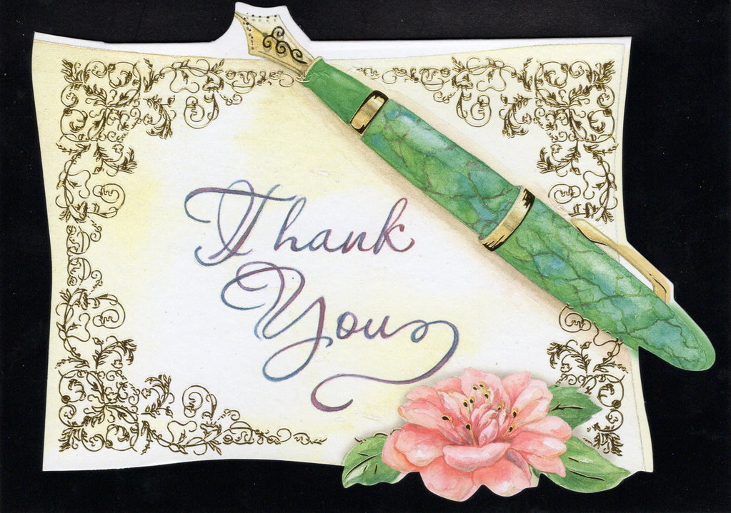 Gold foil accenting and a classic fountain pen depict this classic thank you card by Carol Wilson. Inside ....so very much! Retail $4.25  | CRG1693 | 255560