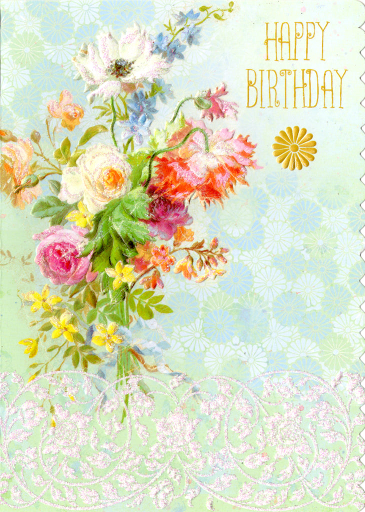 Market bouquet floral bunch on a  green background embossed die cut birthday greeting card by Carol Wilson. Inside: Wishing someone a very special and beautiful day. Retail $4.25  | CRGN4027 | 255561