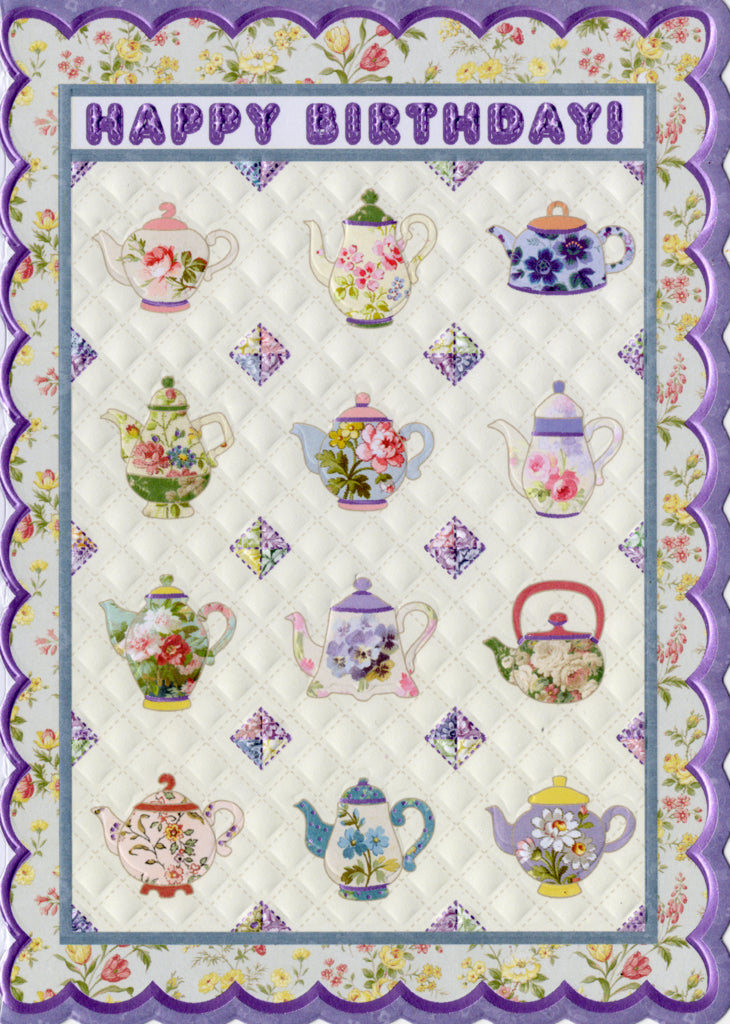 Vintage teapots on an embossed die cut background general birthday greeting card by Carol Wilson Inc. Inside:  Warmest wishes for the best birthday ever! Retail $4.99  | CRG1558 | 255567