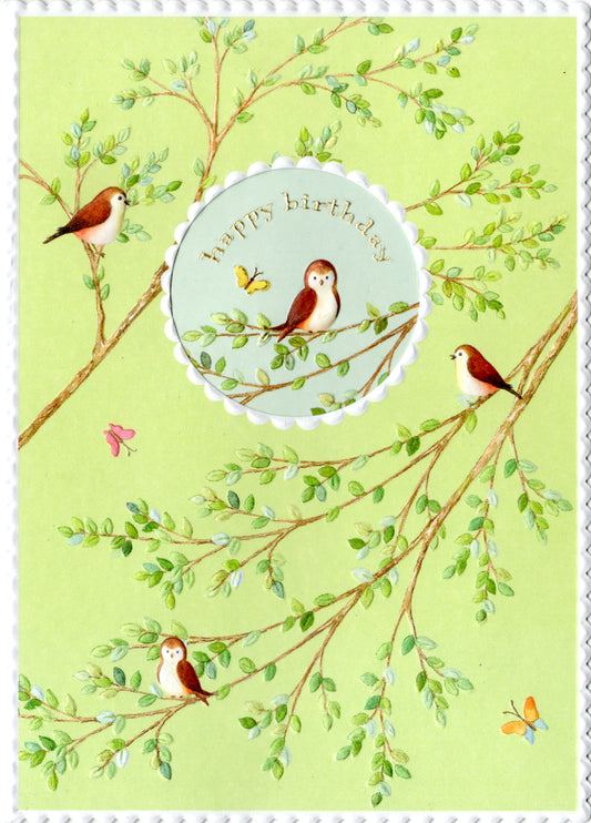 Birds on branches embossed die cut general birthday greeting card by Carol Wilson. Inside: Special birthday wishes for a very special person! Retail $4.25  | CRG1689 | 255572