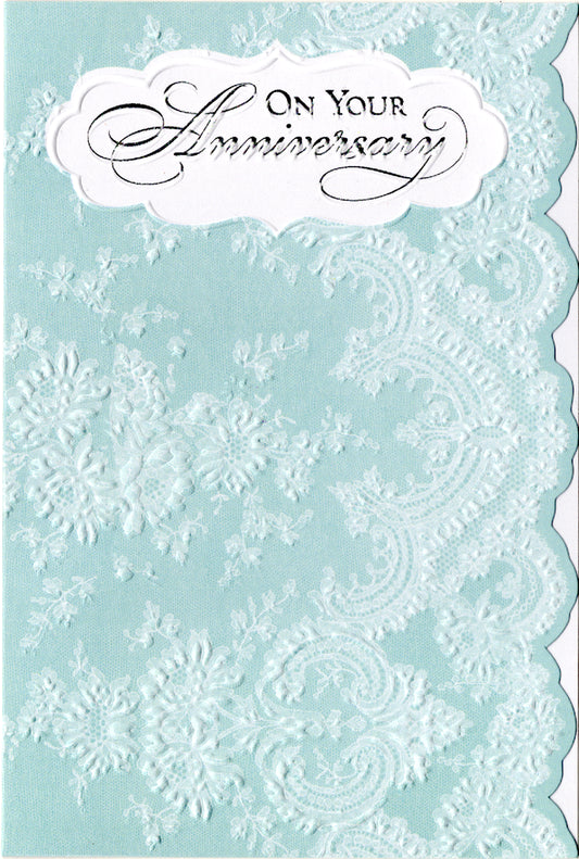 Teal damask pattern embossed die cut anniversary greeting card by Carol Wilson. Inside: With love to a wonderful couple. Retail $4.25  | CRG1765 | 255575