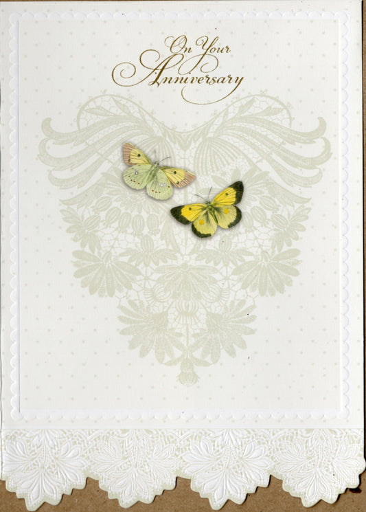 Rose cream heart with butterfly accents embossed die cut anniversary greeting card by Carol Wilson Inside: The two of you make a wonderful couple. Happy Anniversary! Retail $4.99  | CRG1694 | 255581