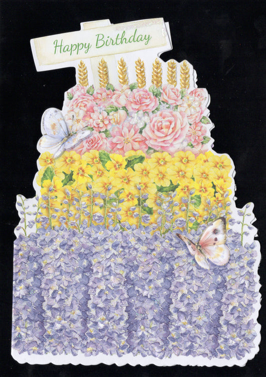 Bright flowers form a Happy Birthday cake embossed die-cut birthday card by Carol Wilson. Inside: A wonderful birthday for a wonderful person. Retail $4.99.  | CRG1736 | 255582