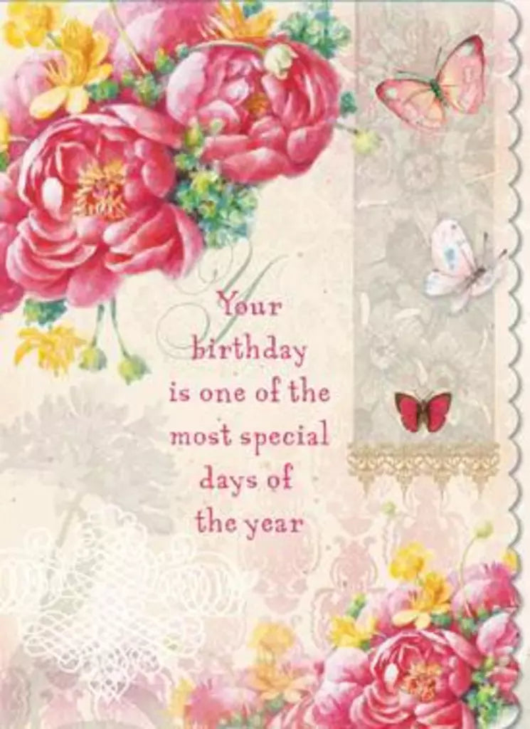 Bursting pink peonies and delicate Butterfly embossed die cut general birthday greeting card by Carol Wilson Inside: Wishing you the very best on your birthday. Retail $4.25  | CRGN4008 | 255583