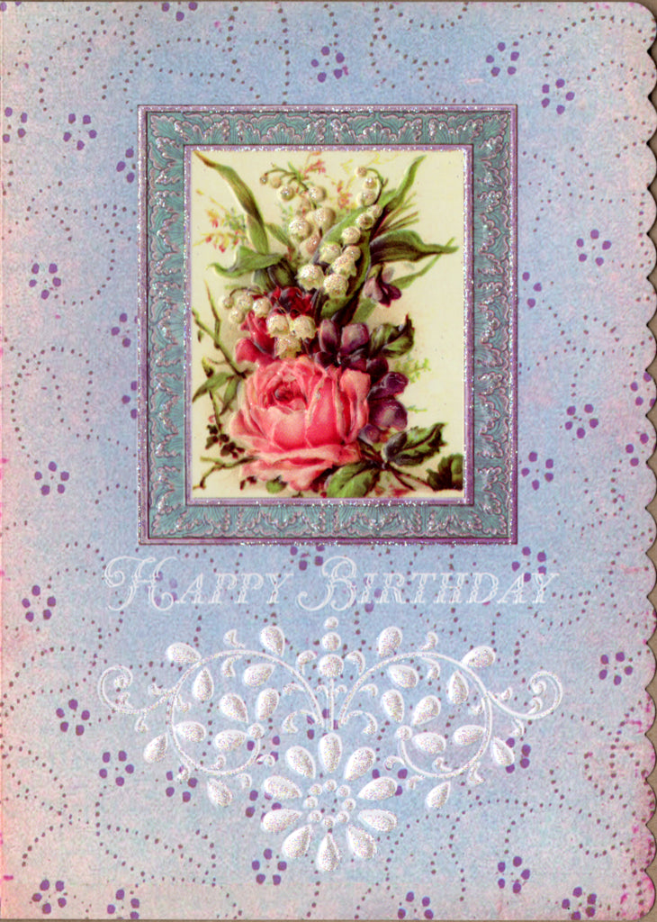 Mauve roses on a blue background embossed die cut birthday greeting card  by Carol Wilson. Inside: A wish for your birthday joy and laughter and dreams come true. Retail $4.25  | CG4024 | 255587