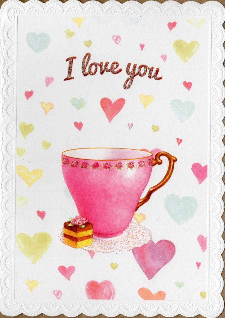 Tea cup with hearts of love embossed die cut Love/thinking of you greeting card by Carol Wilson Inside: Your love is like a cup of tea. Warm and comforting. Retail $4.25  | CRG1733 | 255590