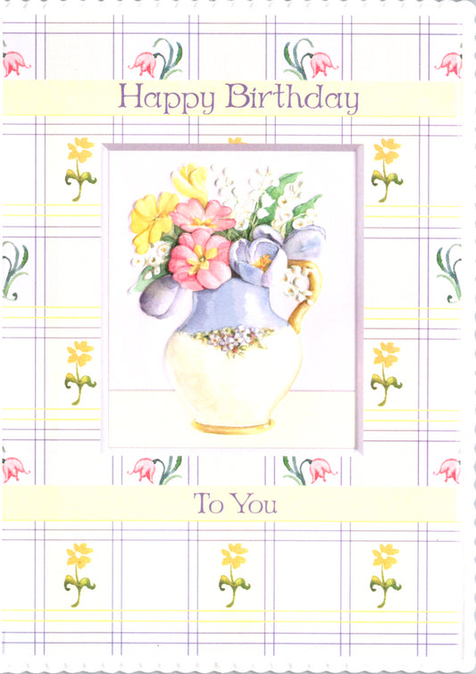 Lilac and yellow plaid with floral accents embossed die cut general birthday greeting card by Carol Wilson. Inside: Heartfelt birthday wishes of love on your special day. Happy Birthday! Retail $3.25  | CG1298 | 255595