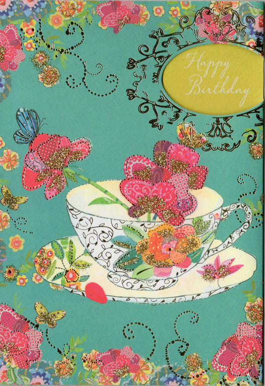 TEACUP ON SAUCER WITH FLOWERS. 3 PANEL/TRI-FOLD CARD. Individually cello wrapped. Retail $3.49  INSIDE: Wising you a beautiful day! | PC-MM04 | 255597