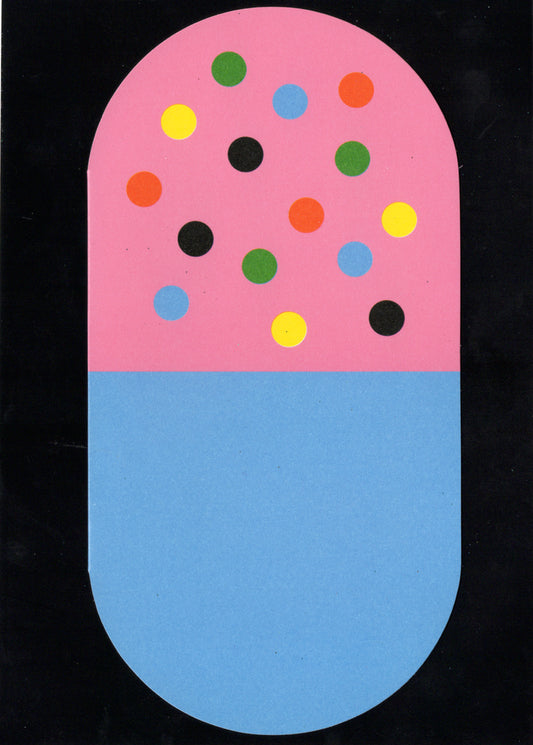 Pink and blue pill shaped embossed die cut get well greeting card by Carol Wilson Inside Dont be a pill! Take your medicine! Retail $3.95  | CG1665 | 255600