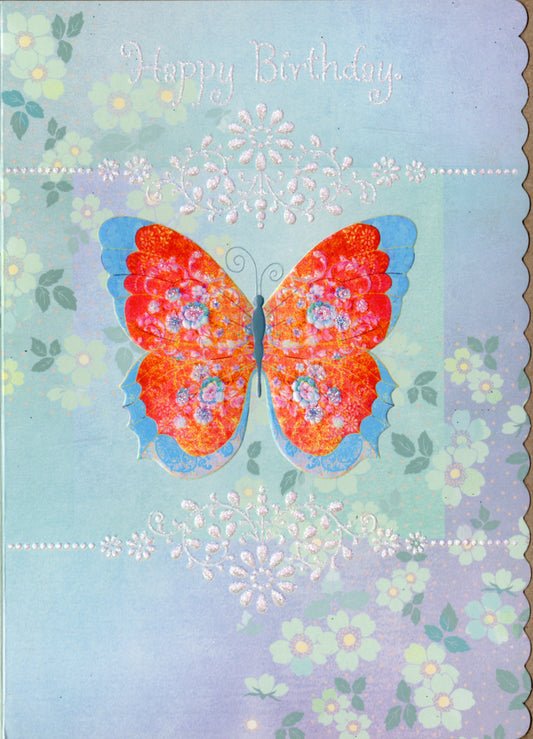 Gorgeous red butterfly on a blue background embossed die cut birthday greeting card by Carol Wilson. Inside: Wishing you a day that is magical Retail $4.25  | CRGN4012 | 255604