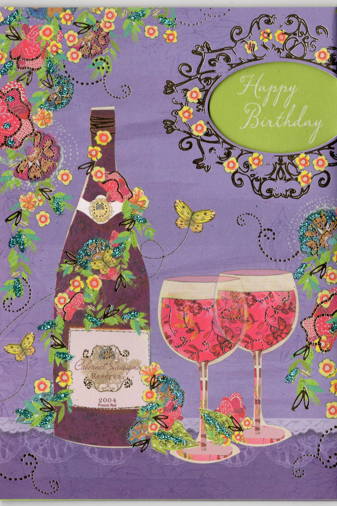 WINE BOTTLE WITH GLASSES and FLORAL ACCENTS. 3 PANEL/TRI-FOLD CARD. Individually cello wrapped. Retail $3.49  INSIDE: Wising you a special  day! | PC-MM08 | 255606