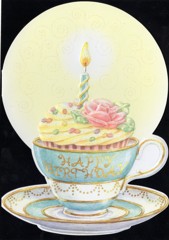 Fancy teal tea cup holds a festive cupcake with a single candle. Embossed die cut general birthday card by Carol Wilson. Inside No one can hold a candle to you! Retail $4.25  | CRG1641 | 255613