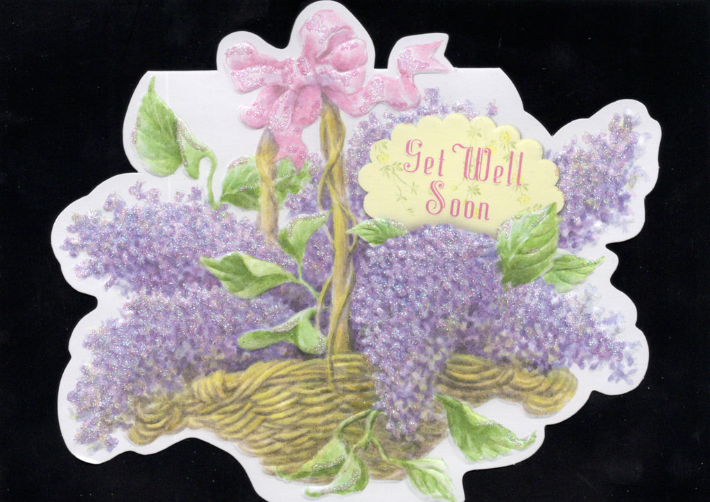 Bountiful lilac basket with a pretty pink box embossed die cut get well greeting card by Carol Wilson Inside Thinking of you and hoping you feel better soon. Retail $4.25  | CRG1762 | 255622