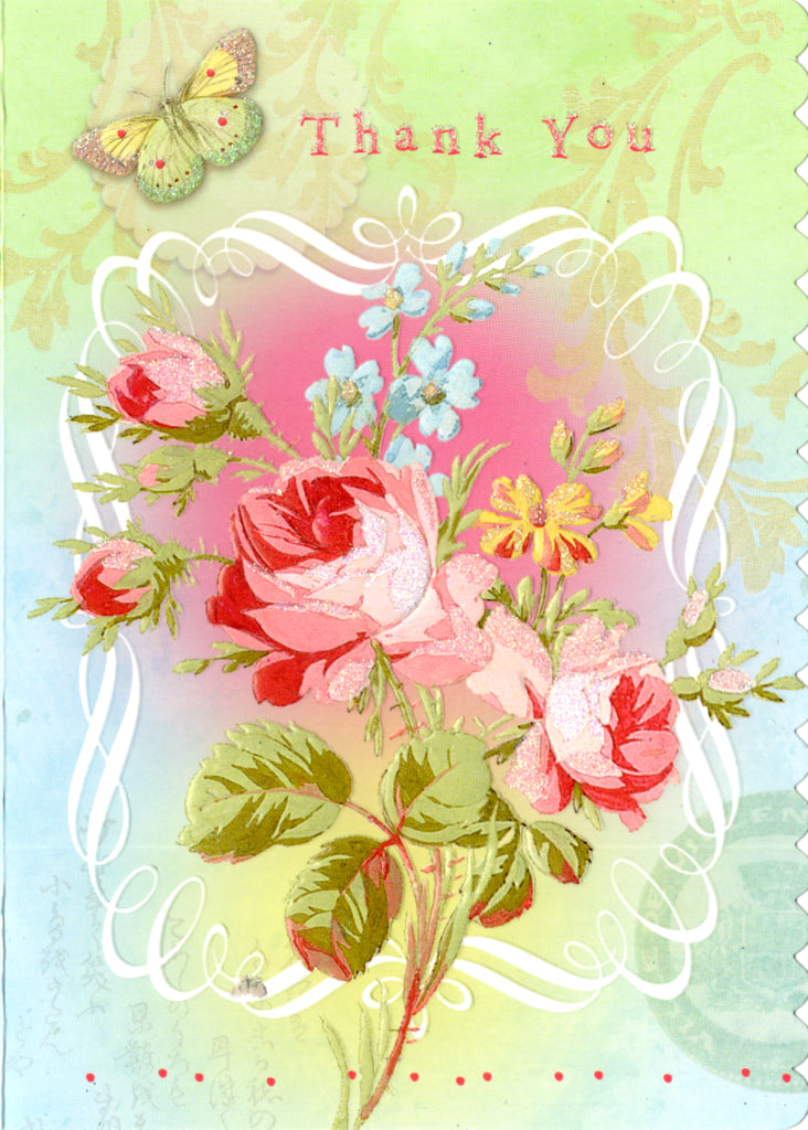 Red and pink roses on a blue/green background with butterfly accents. Thank you card by Carol Wilson. Inside: So much!! Retail $4.25  | CRGN4021 | 255630