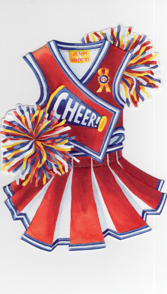 Red and white cheerleader outfit cut out. Thank you card by Carol Wilson. Inside: 2468! Who do we appreciate! You! Thank you! Retail $3.25 | CG1291 | 255639