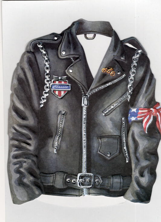 Black leather jacket greeting card by Carol Wilson. Blank inside. Retail $3.25 | CG1296 | 255640