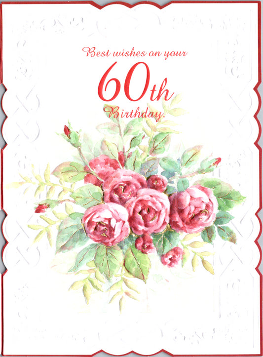 Red crimson roses and a white lace border celebrate 60th birthday in a card by Carol Wilson. Inside: Birthdays are special occasions that call for special celebrations. Retail $4.25  | CRG6012 | 255643