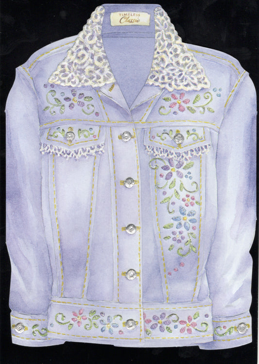 Trendy stylish studded blue denim jacket embossed die cut general birthday greeting card by Carol Wilson. Inside: Celebrate in style! Happy Birthday! Retail $2.95  | CG1167 | 255644