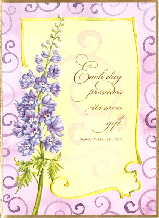 Purple delphinium and gold scroll birthday greeting card by Carol Wilson. Inside: Wishing you a delightful day filled with all the best life has to offer! Happy Birthday! Retail $3.25  | CG1226 | 255645