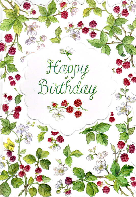 Red berries and ivy celebrate a Happy Birthday embossed die cut general birthday greeting card by Carol Wilson. Inside: Wishing a wonderful day! Retail $3.50  | CG1272 | 255646