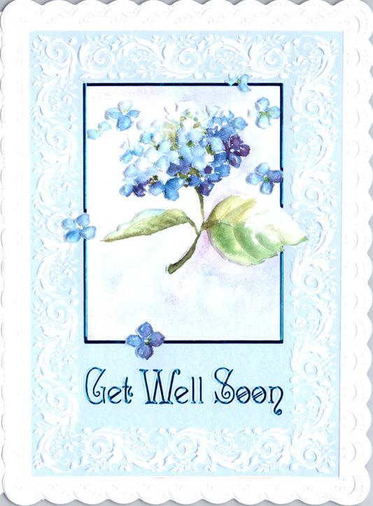 Blue and white hydrangea embossed die cut get well greeting card by Carol Wilson. Inside: Best wishes for a speedy recovery. Retail $4.25  | CRG1099 | 255647