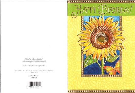 Yellow birthday sunflower embossed die cut general birthday greeting card by Carol Wilson. Inside: Sunny wishes and all the best from me to you. Retail $3.25 | CG1228 | 255653