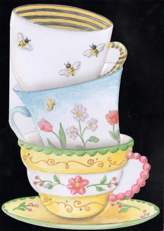 Classic tea cups are stacked  to celebrate! Embossed die cut general birthday greeting card by Carol Wilson. Inside: Wishing you a birthday filled with  warmth love and sunshine Retail $4.25  | CRG1608 | 255666