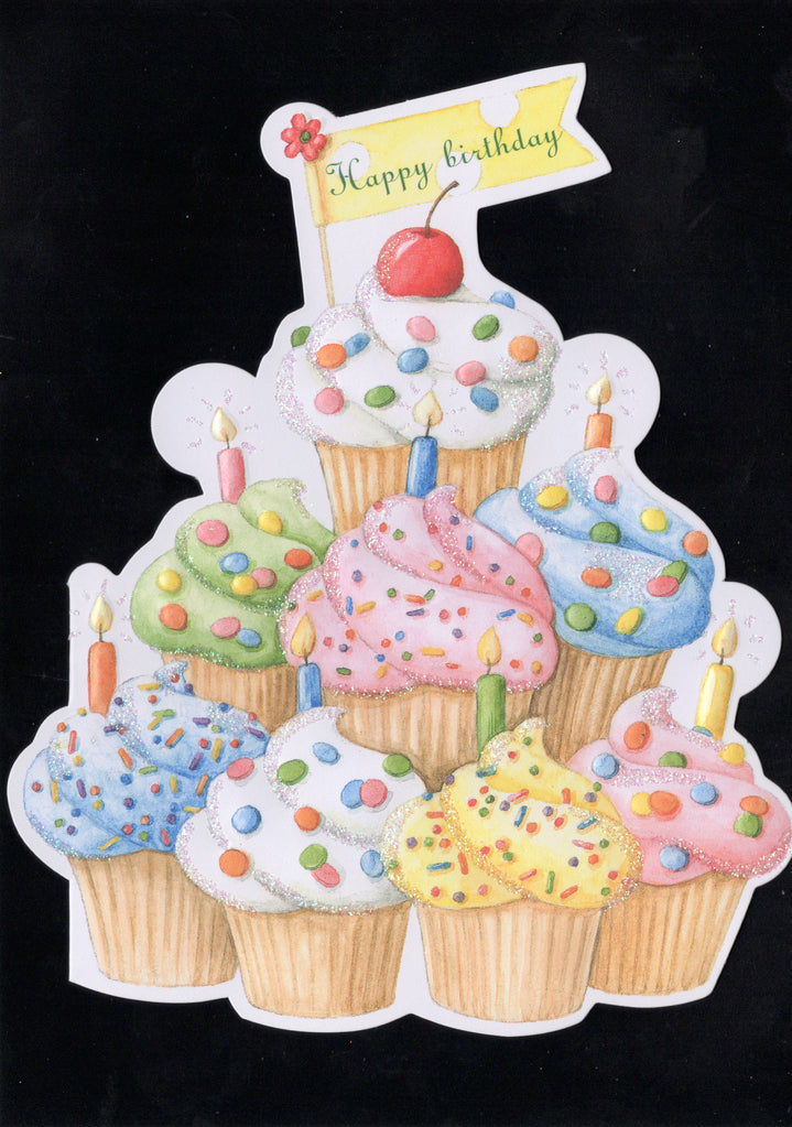 Sprinkle cupcakes stacked with birthday wishes. embossed die-cut general birthday greeting card from  Carol Wilson Fine Arts. Inside: Hope your birthday stacks up to something great! Retail $4.25  | CRG1614 | 255667