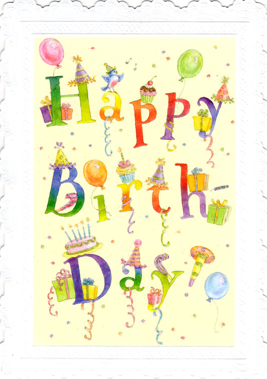 Festive Happy Birthday letters embossed die cut general birthday greeting card by Carol Wilson. Inside Wishing you a special day filled with all the things you treasure. Retail $4.25 | CRG1712 | 255668