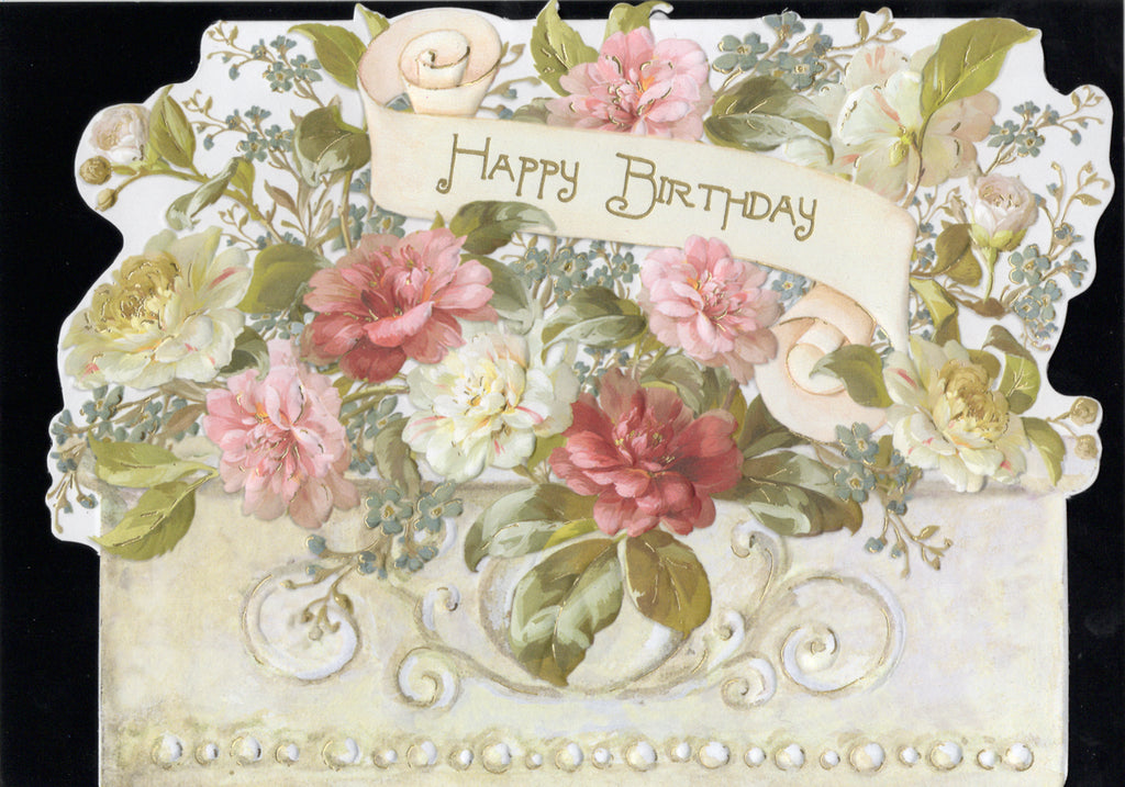 Antique pot filled with cream pink roses. embossed die cut general birthday greeting card by Carol Wilson. Inside: May your day be filled with every happiness. Retail $4.25  | CRG1562 | 255670