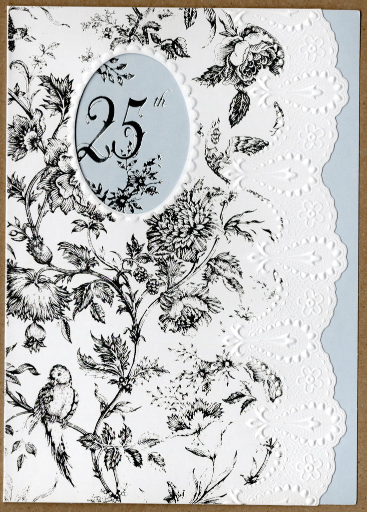 Silver damask pattern embossed die cut 25th anniversary greeting card by Carol Wilson Inside: Congratulations on your Silver wedding anniversary! Retail $4.25  | CRG1671 | 255672