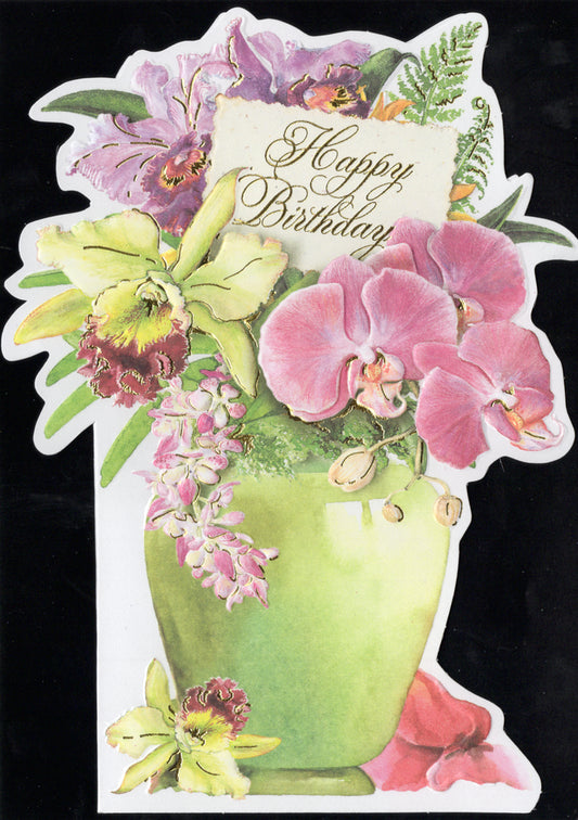 Pink orchids in a delicate greet vase embossed die-cut birthday card by Carol Wilson. Inside: You make the world a brighter place. Happy Birthday! Retail $4.25  | CRG1769 | 255673