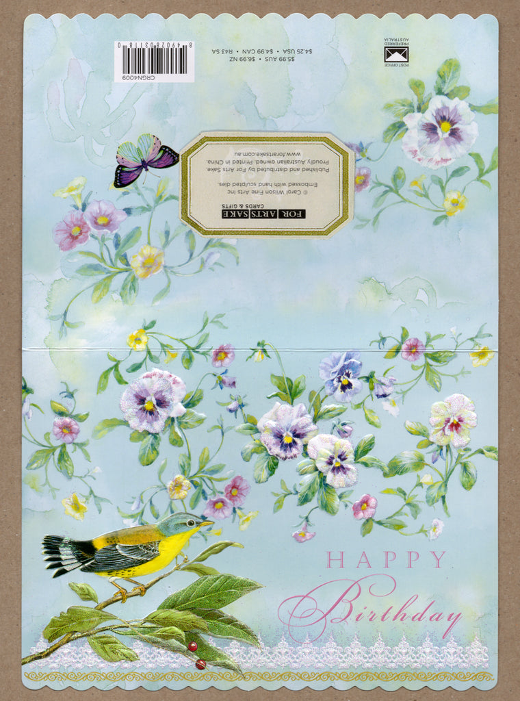 Bird on a branch with multi-colored pansies embossed die cut general birthday greeting card by Carol Wilson Inside You are amazing! Happy Birthday! Retail $4.25 | CRGN4009 | 255674