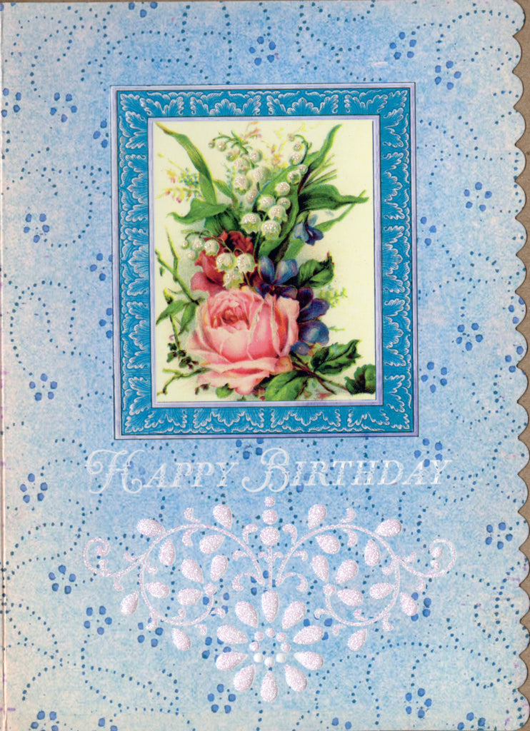 Mauve roses on a blue background embossed die cut birthday greeting card  by Carol Wilson. Inside: A wish for your birthday joy and laughter and dreams come true. Retail $4.25  | CRGN4024 | 255675