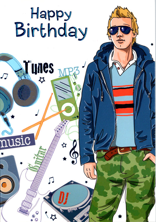 Teen boy with music- Kid Birthday card. Retail $3.49. Inside: Turn it up party boy! | 4923 | 255677