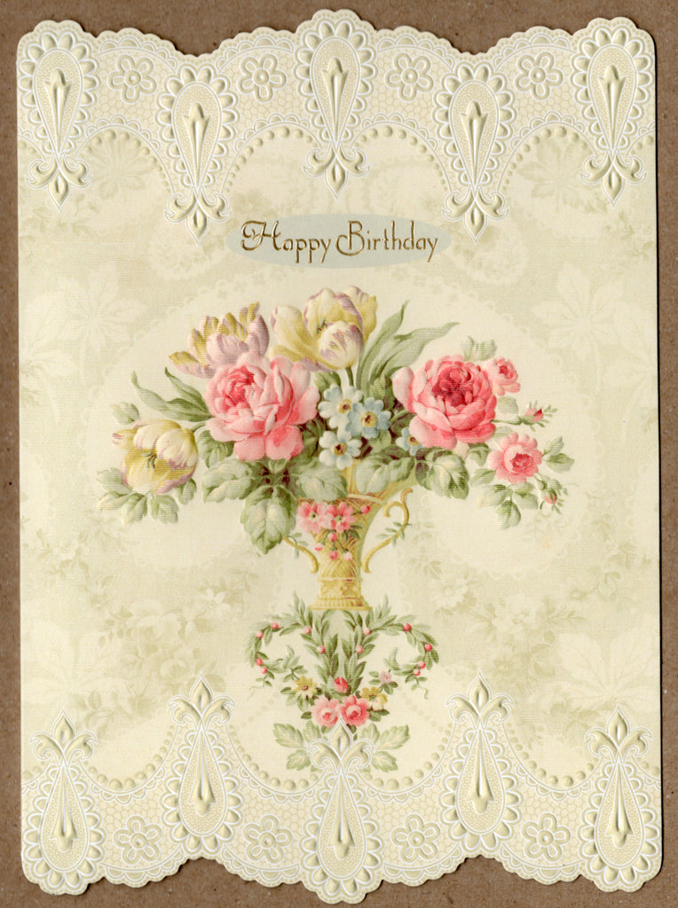 Cream embossed lace cover with urn of peach cream and red roses embossed die-cut female greeting card by Carol Wilson. Inside: May many wonderful moments grace your special day. Happy Birthday! Retail $4.25 | CRG1479 | 255684