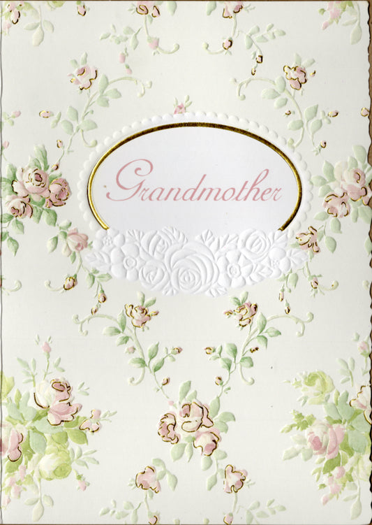 Roses in a diamond floral pattern embossed die cut Grandma birthday card by Carol Wilson. Inside: Wishing you love today and always. Retail $4.25  | CRG1523 | 255686