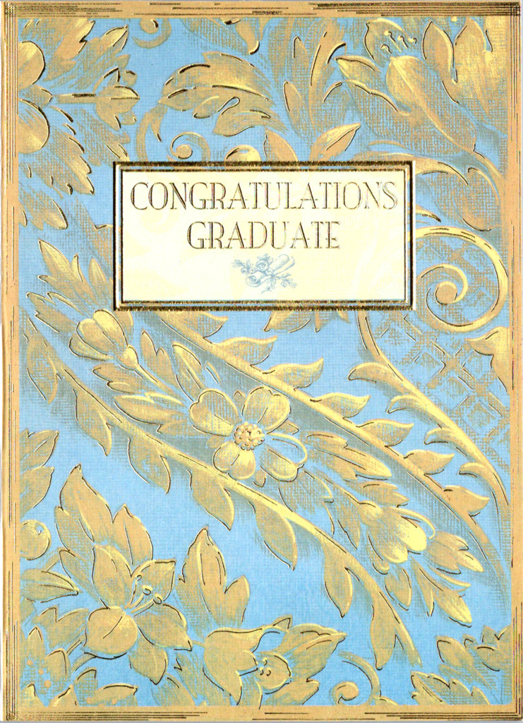 Gold and Blue scroll embossed die-cut graduation card by Carol Wilson. Inside: The world awaits you! Retail $4.25  | CG1374 | 255688